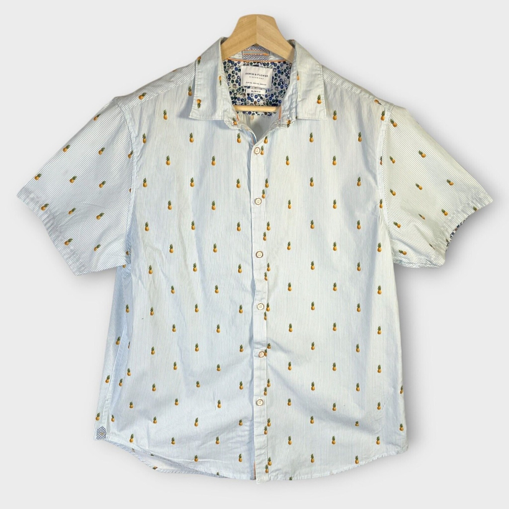 🦜 Denim & Flower Ricky Singh Shirt Men's XL Slim Fit Short Sleeve 100% Cotton